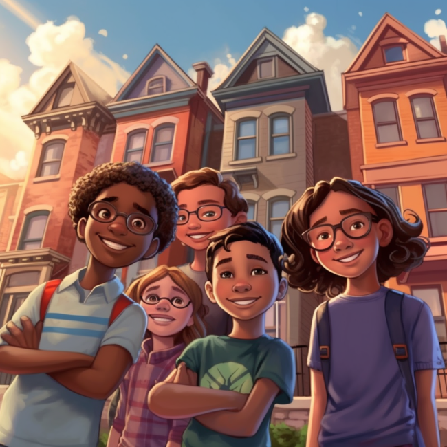 pg_5_kids_in_a_street_with_row_houses_all_9_year_olds_realistic_fe75613b-ddee-4e40-92ed-daec9dca09e5